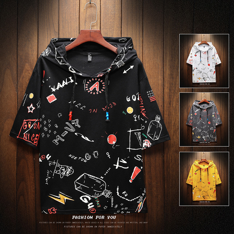 

Fashion Style Men Summer T-shirt Short Sleeve Slim Fit Pattern Cartoon T-shirt Boy Student Hoody Men Cotton, Black