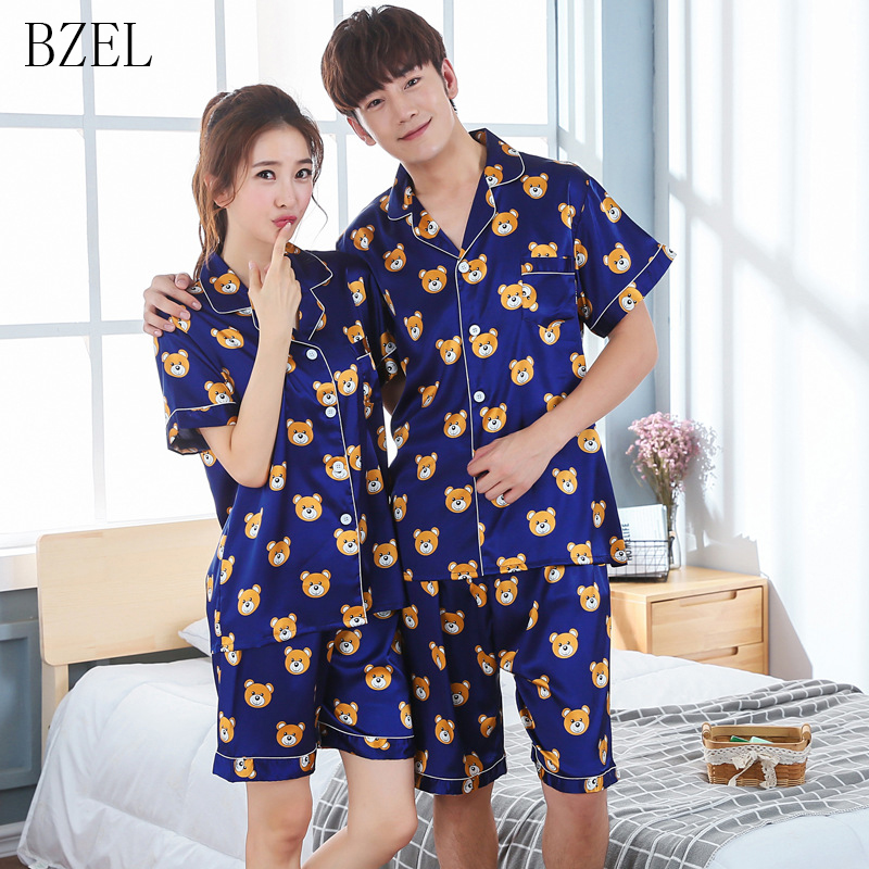 

BZEL Couples Pajamas Set Short Sleeved + Shorts Sleepwear Bear Nightwear Satin Lovers' Clothes Summer Pijama Mujer Pyjamas Women, 002 men