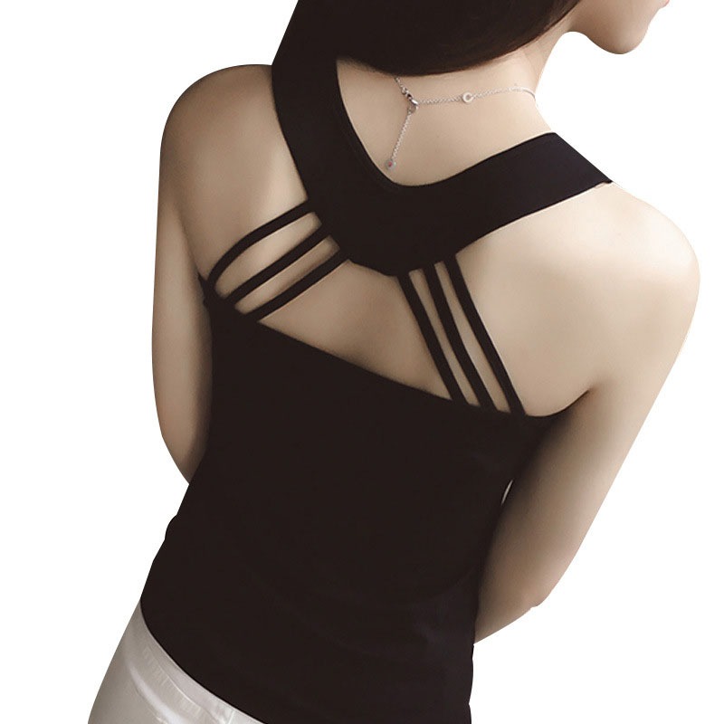 

Women Black O-Neck Girl Beauty Back Tank Halter Top Crisscross Sexy Out Casual Slim Vest Solid Camis Bustier Cut Teew
