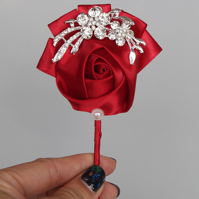 

Burgundy Satin Rose Wedding Corsage for Groom Boutonniere DIY Crystal Brooch Bridal Wedding Decoration best for man XH001-4, Red