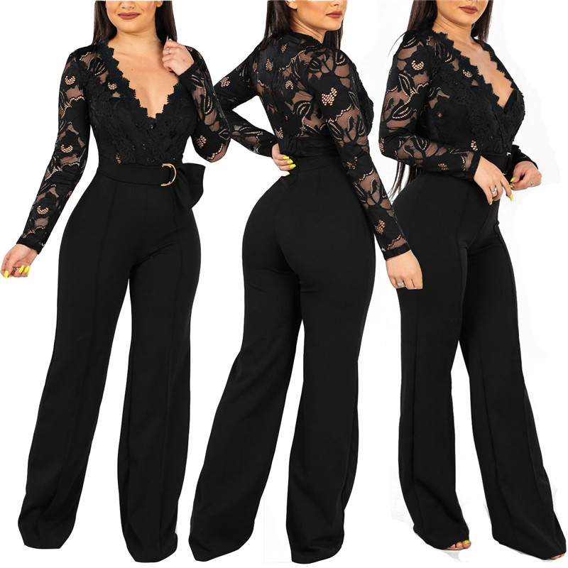

2020 new European and American fashion women' V neck long sleeve lace see-through jumpsuit jumpsuit sexy nightclub party, Black