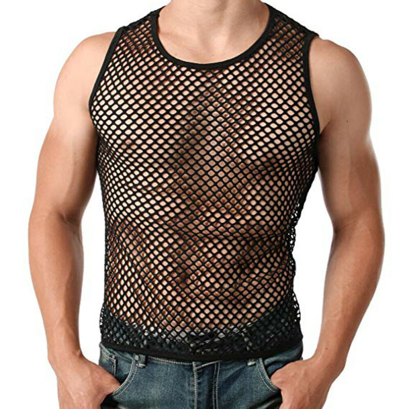 

Fashion Men Mesh Sheer Tops Casual Training Tank Top Fish Net Top New, Black