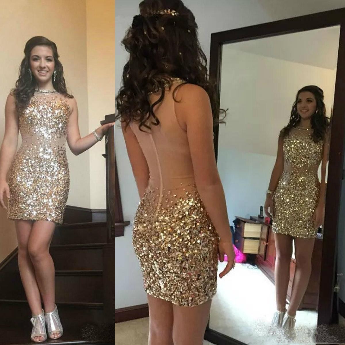 

Gold Crystal Beaded Sexy Short Cocktail Prom Dress Sheer Neck Hollow Back Rhinestones Sequins Designer Homecoming Party Dress, Light sky blue