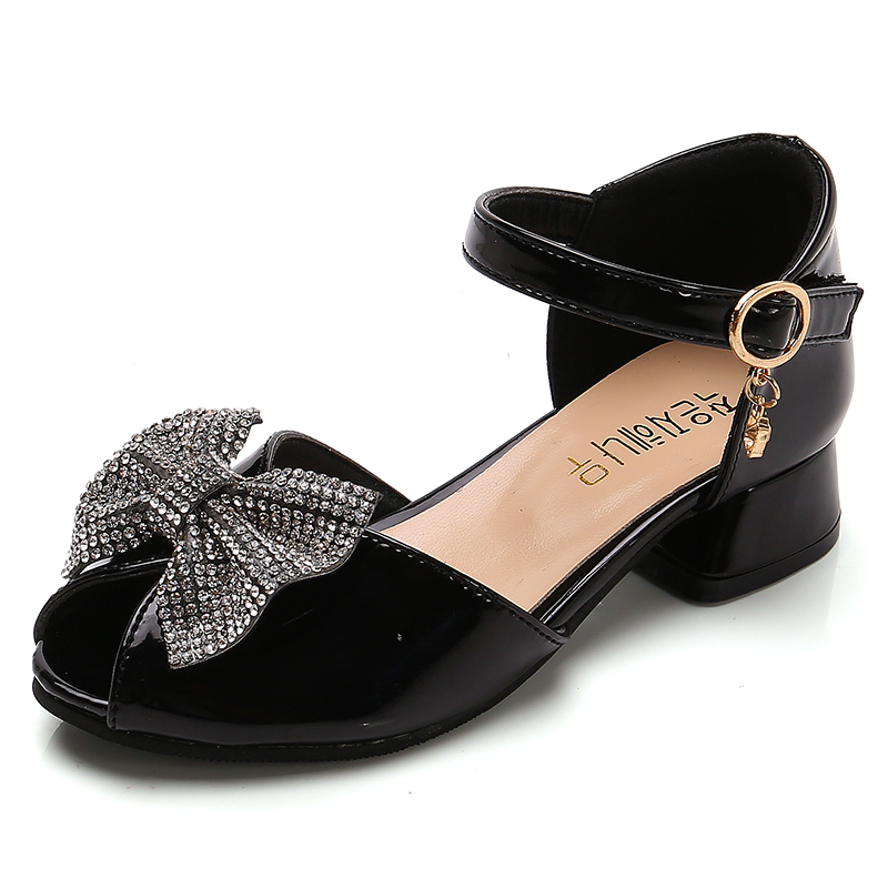 

shoes girls popular sandals for girls 2020 rhinestone bowtie patent leather kids shoes fashion children Princess dress, Black
