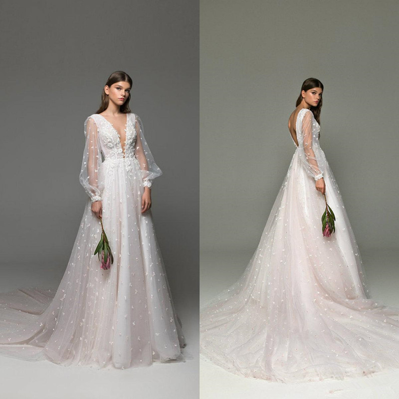 

2020 A Line Long Sleeve Wedding Dresses Lace Appliqued Sweep Train Bohemian Wedding Dress Custom Made Garden Backless Bridal Robes De Mariée, Pink
