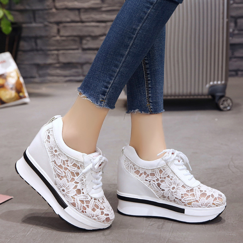 

Hot Sales 2020 Summer New Lace Breathable Sneakers Women Shoes Comfortable Casual Woman Platform Wedge Shoes White Calzado Mujer, Black