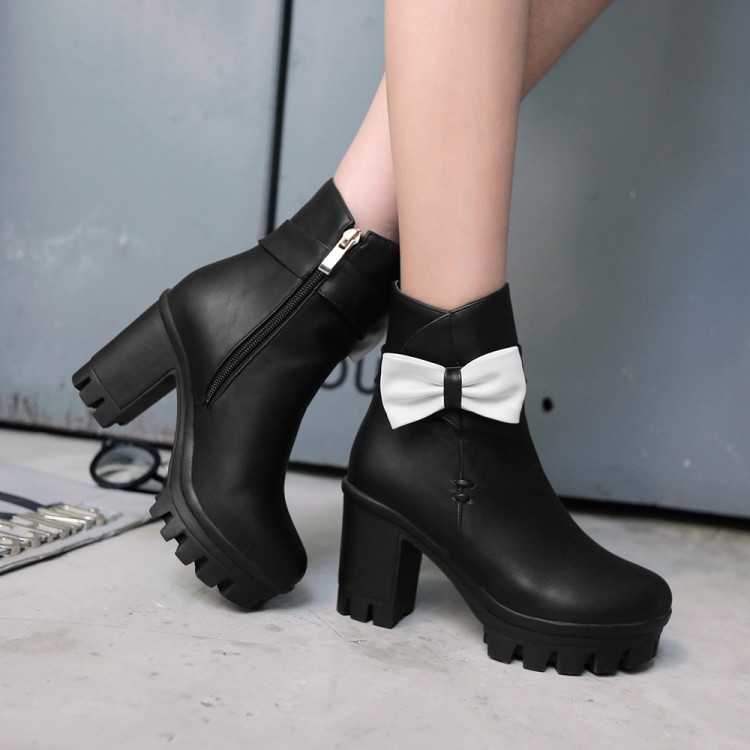

Oversized boots women shoes ankle boots for women ladies shoes woman winter Bow strap side zipper, Black