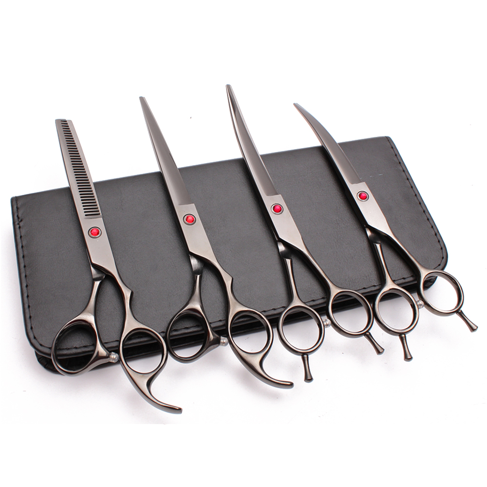 

4Pcs Suit 7 inch 19.5cm Engraving Pets Hair Shears Cutting+Thinning+UP&ampDown Curved Shears Dog Cat Grooming-for-do