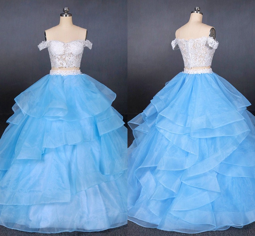 

2020 White Light Blue Ball Gown Prom Dresses Ruffles Cold Shoulder Lace Organza Tiered Quinceanera Dress Long Formal Evening Gowns robes de, Lilac
