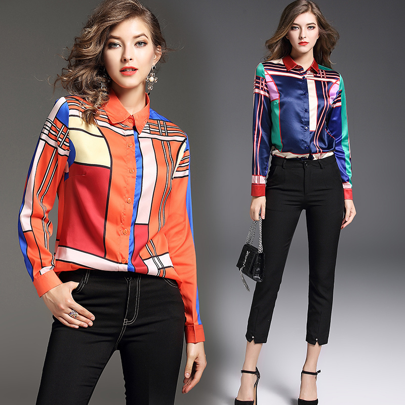 

Luxury Fashion Piping Printed Collar Shirts 2021 Runway Women's Lapel Button Shirt Long Sleeve Casual Office Ladies Designer Blouses Spring Autumn Winter Slim Tops