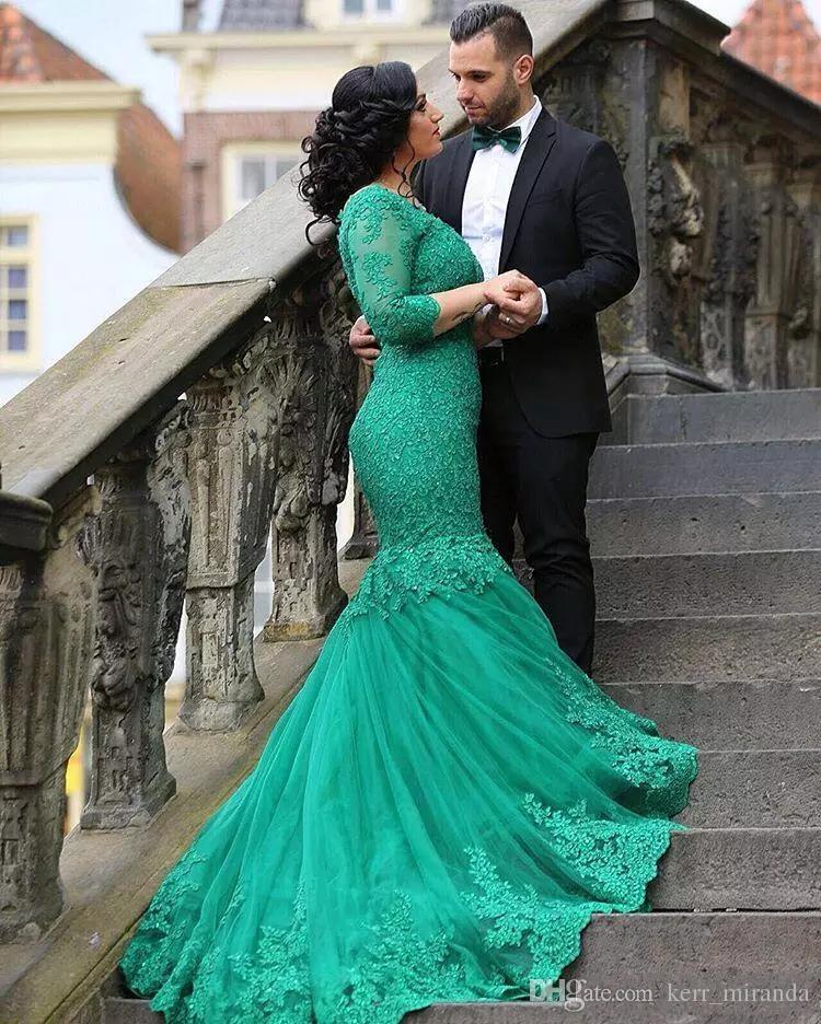 

Vintage Green V Neck Mermaid Evening Dresses 2020 Three Quarter Sleeves Sequined Sweep Train Appliques Plus Size Formal Prom Party Gowns, Orange