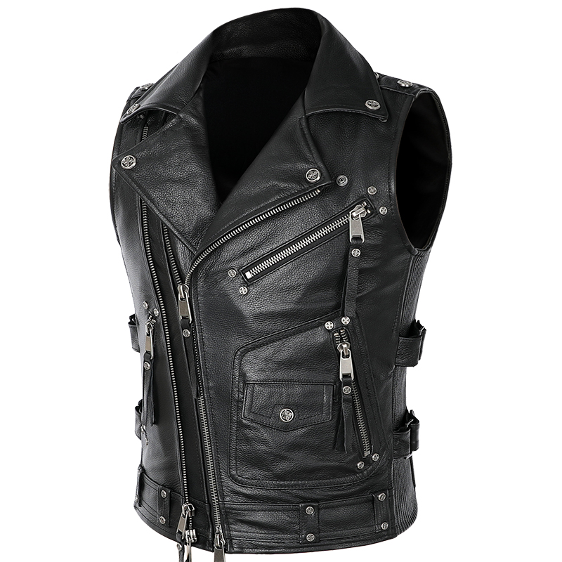 

Classic Motorcycle Leather Vest Mens Genuine Leather Cowhide Biker Waistcoat Punk Sleeveless Jacket Adjustable Size -4XL, Black