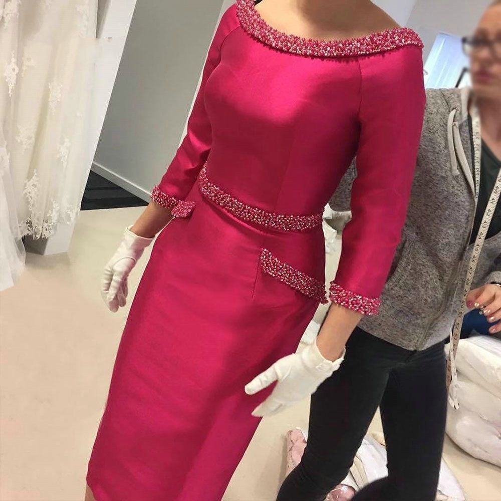 

Elegant Fuchsia Sheath Tea Length Mother of Bride Dress 2020 Scoop Neck 3/4 Long Sleeve Beading Woman Formal Wedding Party Gown
