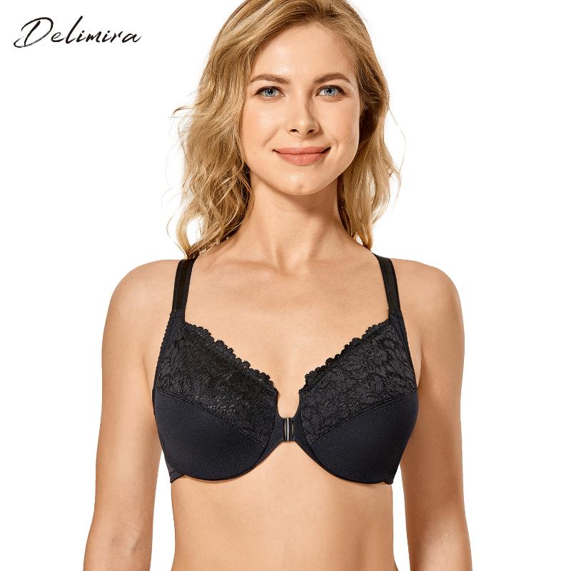 

DELIMIRA Women's Front Closeure Full Figure Plus Size Underwire Floral Lace Bra Racerback, Black01