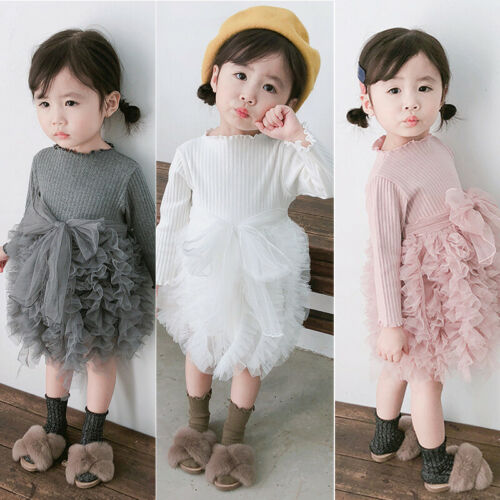 

2020 Girls Ruffle Dress Clothes Toddler Kids Baby Girl Long Sleeve Ribbed Dresses Layered Solid Princess Dress Party Gown 6M-4T, White