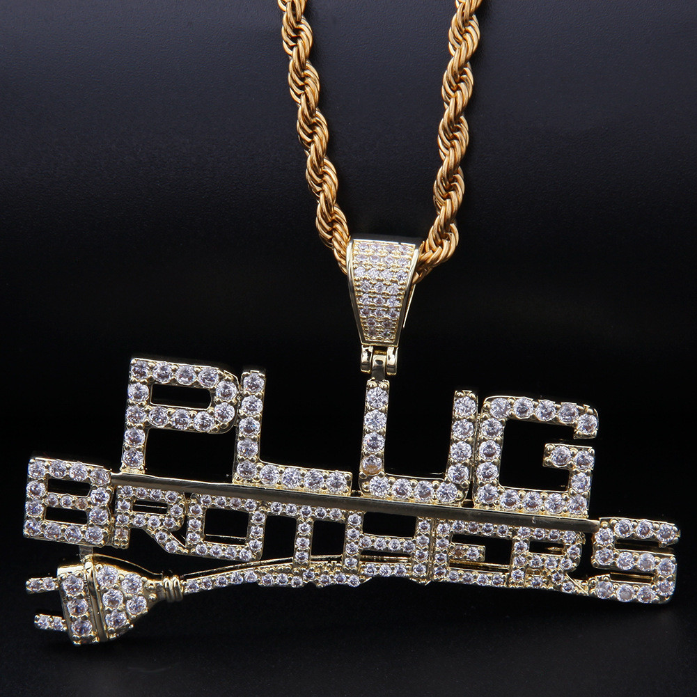 

14K Gold Plated Custom New Design Fully Iced Out Combine Letters Says "Plug Brothers" HipHop Pendant Necklace