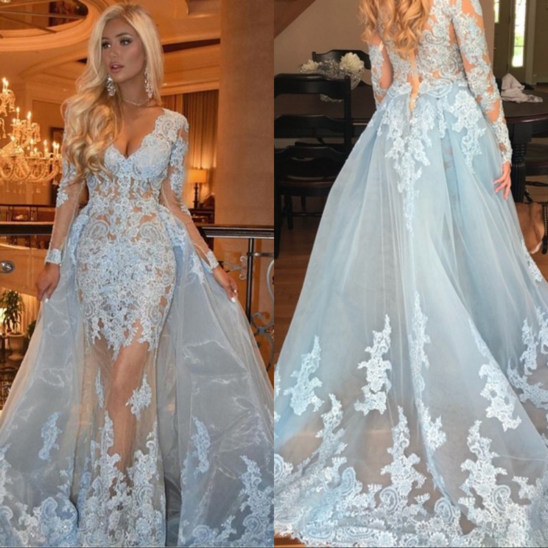 

Sexy Long Sleeves Evening Dresses Deep V Neck Appliques Lace Tulle Over Skirt Illusion Evening Dresses Formal Gowns, Blue