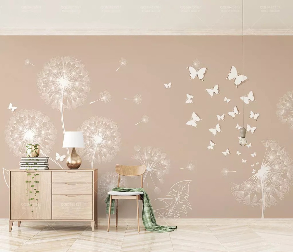 

Modern simple fashion personality wallpaper dandelion butterfly yellow TV background wall papel de parede 3d wallpaper, As pic