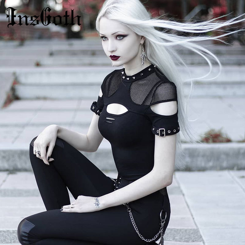 

InsGoth Women T-shirts Gothic Punk Chix Black T-shirts Casual Slim Mesh Hole Rivet Sexy Short Sleeve Top Hip Hop Female Goth Top V200411