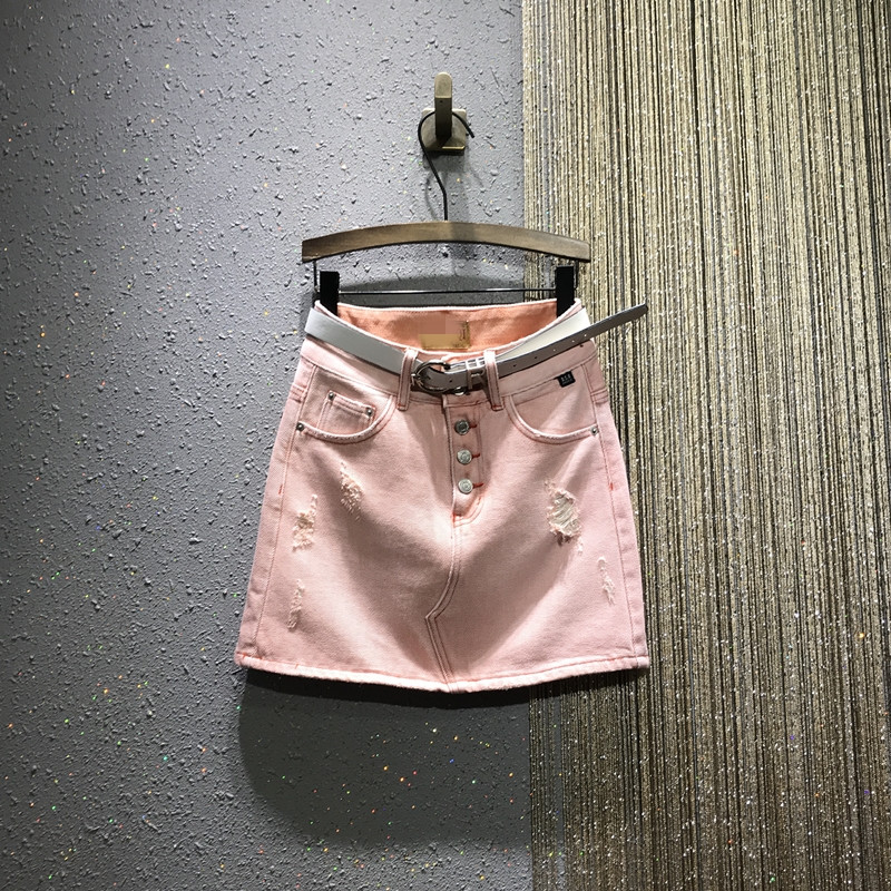 

European Station 2020 Spring and Summer New High-waisted Breasting Was Thin and Broken A Word Bag Hip Denim Skirt Skirts Womens, Khaki