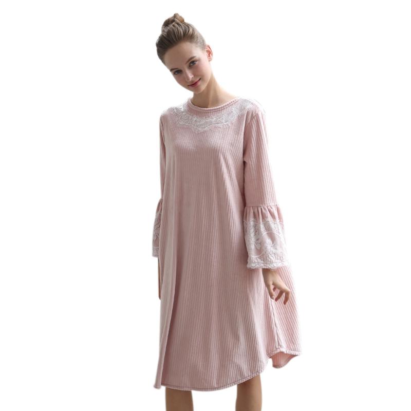 

Autumn and Winter Down Ladies Nightdress Long Flannel Simple Striped Dress Long Sleeve New Japanese and Korean Version, Pink