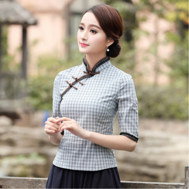 

Sheng Coco Blouse Vintage Qipao Shirt Chinese Style Top Nation Wind Lace Long Sleeve Lattice Cheongsam Jacket Camisa China Mujer