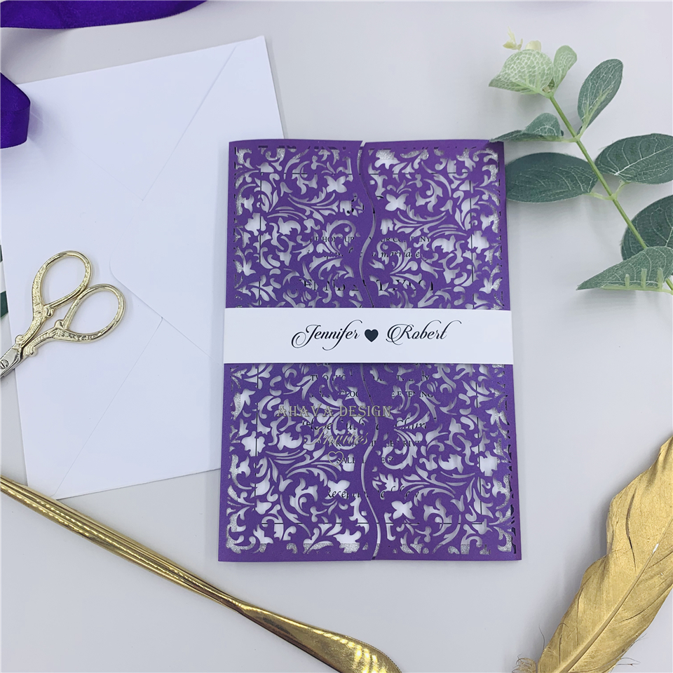 

Purple Laser Cut Wedding Invitation With Glitter Backing For Personal Insert & Belly Band, Pocketfold Wedding Invitation, Another color