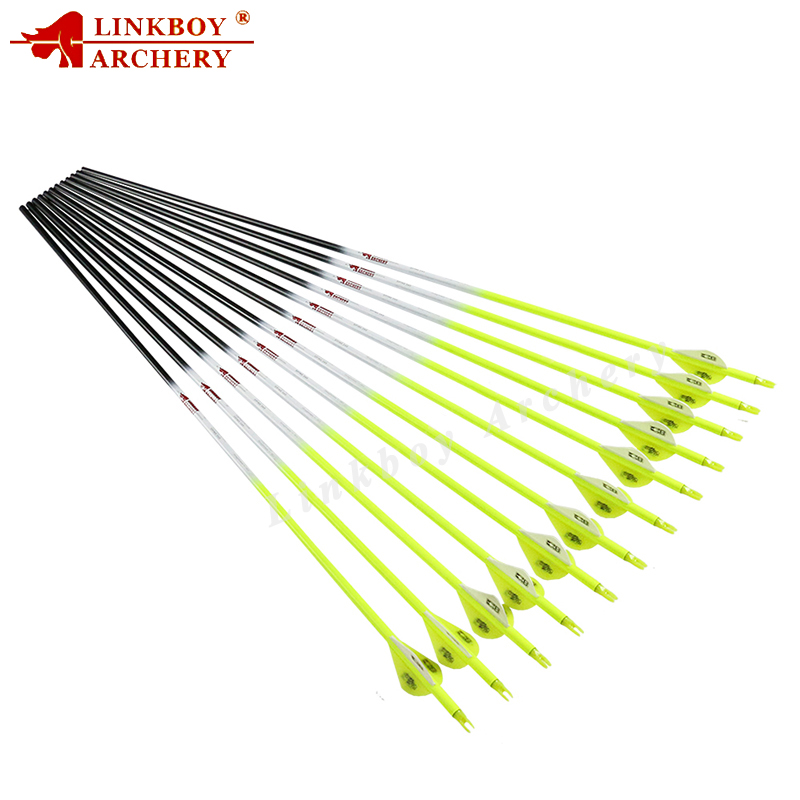 

Linkboy Archery 12Pcs New Archery Fluorescent Yellow Carbon Arrows Spine 300 340 400 500 600 for Compound Bow Hunting