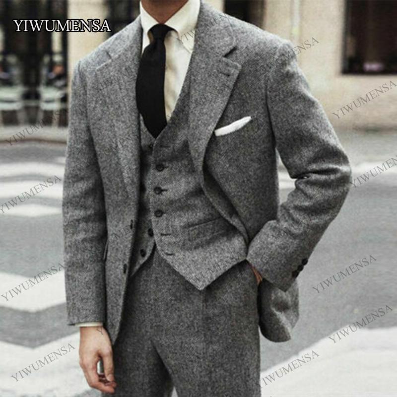 

2020 Gray/Brown Herringbone Men Suits Wedding Groom Dinner Formal 3 PCS Tuxedos Wide Lapel Custom Made Smoking Blazer Man Suit, Mode 5