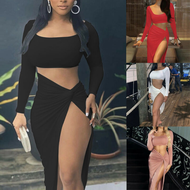 

Sexy Two Piece Set Square Neck Long Sleeve Crop Top Long Skirt Set Party Summer Clothes For Women Two Piece Outfits 2020 New, White