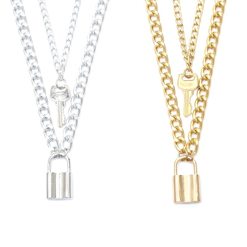 

Chokers 1pcs Fashion Style 2 Colors Padlock Key Pendant Necklace Multilayer Alloy Chain Friendship Gifts Jewelry