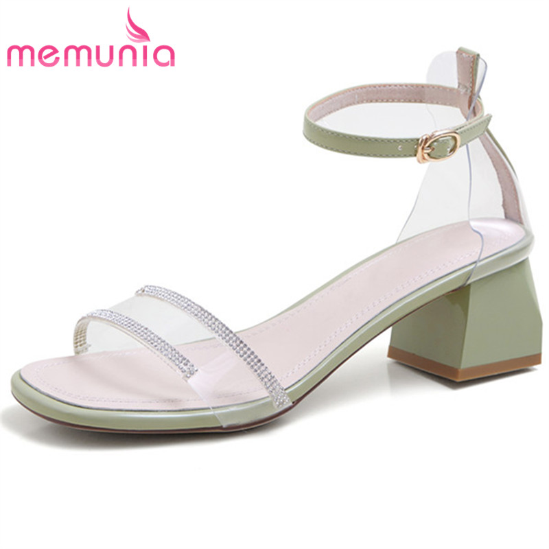 

MEMUNIA 2020 newest women sandals crystal buckle pvc square heel casual shoes simple fashion summer sandals ladies big size, Beige