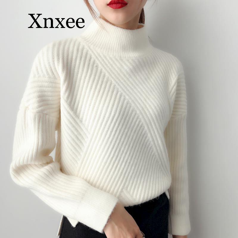 

New Fashion Knitted Autumn Winter Women Plus Size 4XL Sweater Female Warm Half Turtleneck Loose Casual Pullover Knitwear white, Black