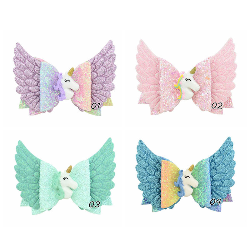 

Unicorn hair bows girls hair clips angel's wings kids barrettes glisten princess baby BB clips designer hair accessories for girls A5910, Multi-color