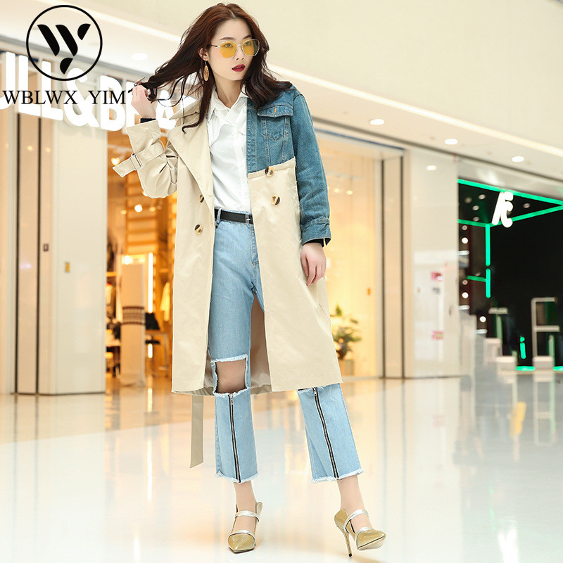 

Fashion Denim splice Trench coat women Spring autumn casual long sleeve loose Trench female Classic Double-breasted outerwear, Khaki