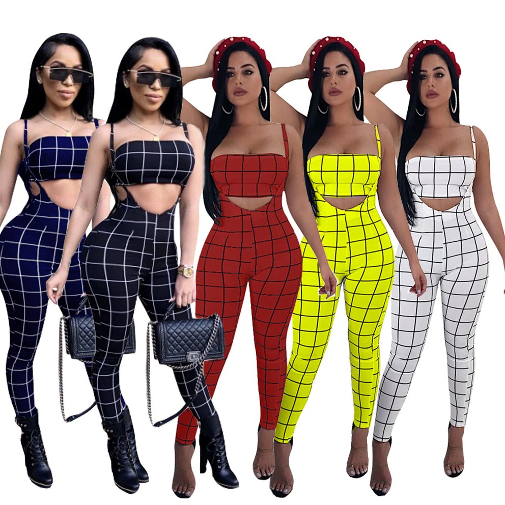 

Womens Sexy Suits Printed Tube Top + Bib Overalls Women Designer Sets Brand Two-piece Plaid Print Fashion Tops + Pants 2020 New Hot Selling, White