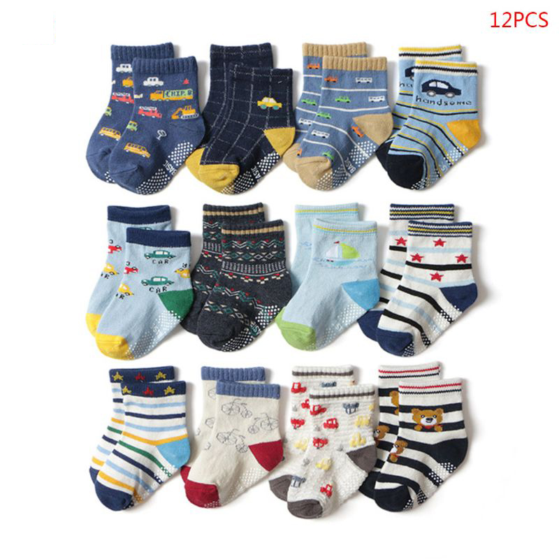 

12 Pair/Set Toddler Baby Combed Cotton Socks Anti-slip Cartoon Floor Stocking Kids Boys Girls Comfortable Warm Sox, As pic