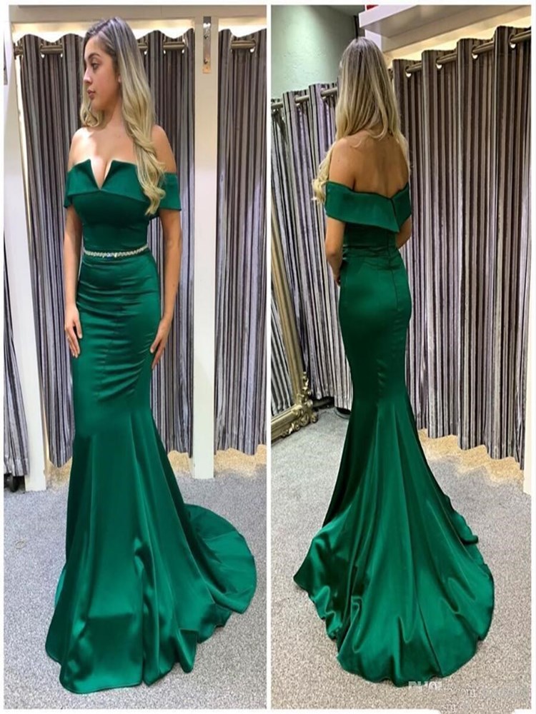 

Graceful Off Shoulder Green Prom Dresses Zipper Back evening Party Satin Sweep Train robes de soirée With Beading Sash, Customize