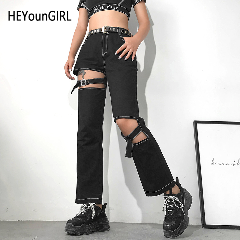 

HEYounGIRL Casual Harajuku Pants Women Black High Waist Pants Capri Cut Out Straight Trousers Ladies Gothic Summer Streetwear LY191213
