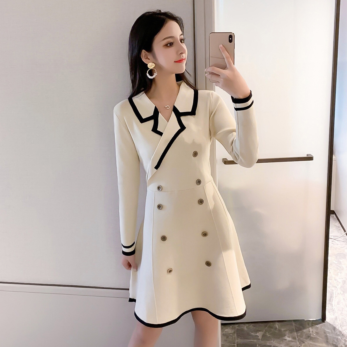 

Luxury Winter Coat Double Breasted Blazer Dress Woman Spring Warm Knitted Dress Office Business Lady Slim Bodycon Trench Style Dresses, Black