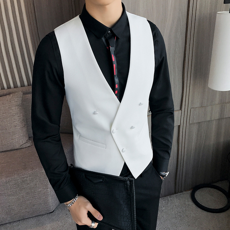 

Men Vest Double Breasted White Red Black Suit Waistcoat Dress Slim Fit Deep V Collar Classic weste Evening Wedding gilet Male