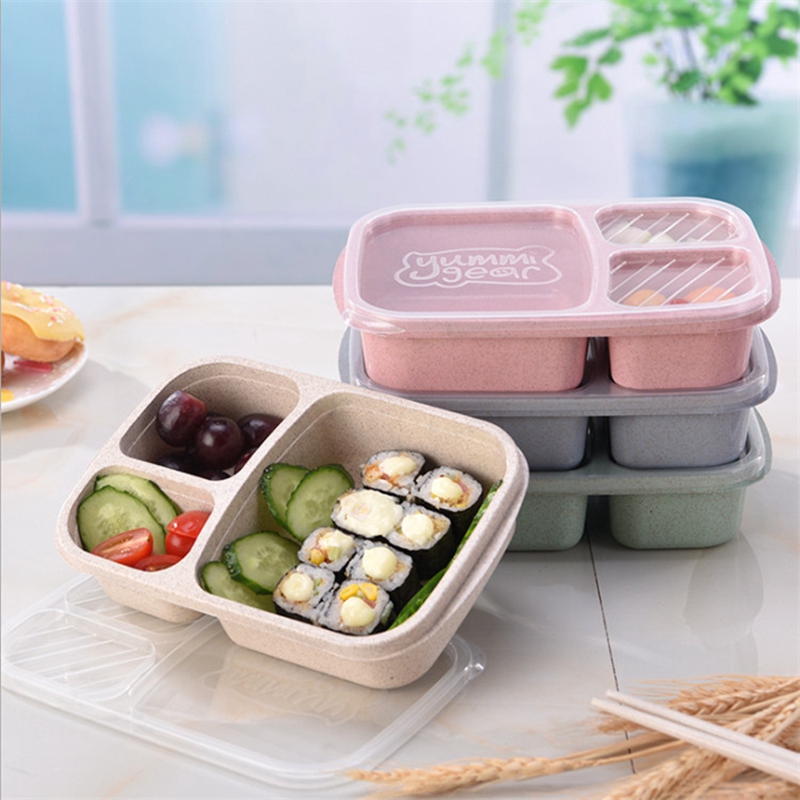 

3 Grid Wheat Straw Lunch Box Microwave Bento Box Food Grade Health Lunch Box Student Portable Fruit Food Storage Container VT0629, 4 colors