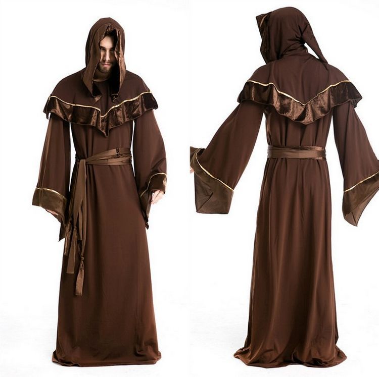 

New Medieval Wizard Cosplay Halloween Costumes for Men Adult Religious Godfather Party Performance Mage Uniform for Man Robe Set, Camel
