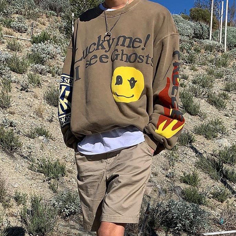 

Kanye West Sweatshirts Lucky Me I See Ghosts CPFM Sweatshirts Casual Fleeced Pullovers for Men Women Hip Hop Skateboard Streetwear, Khaki