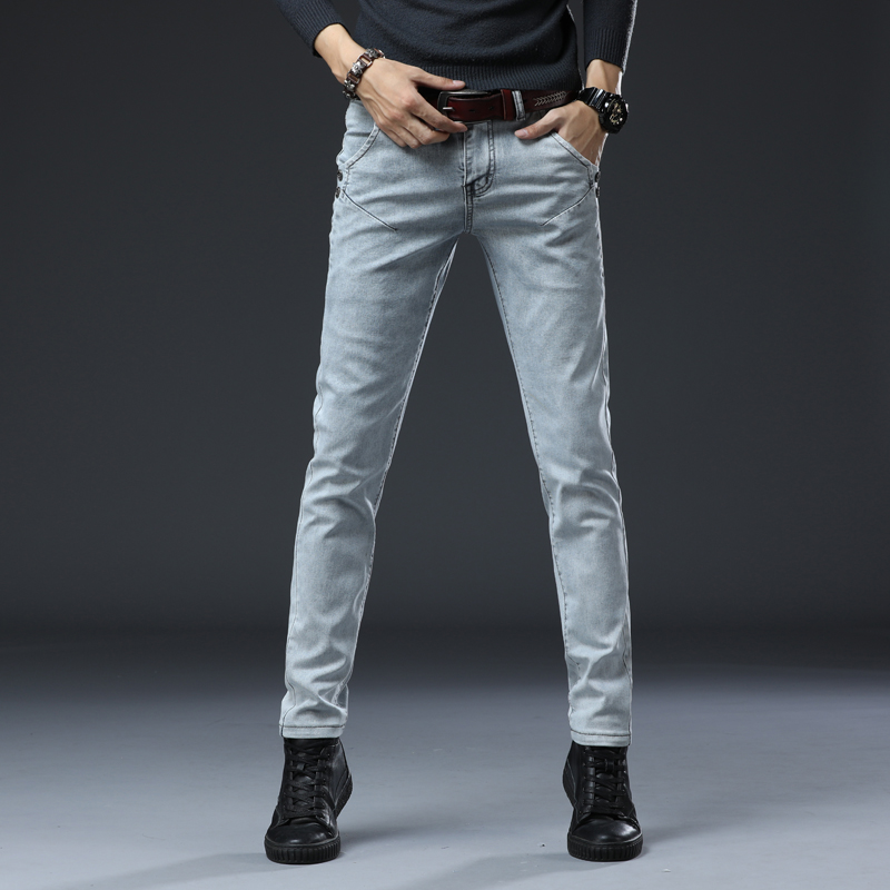 

Korean trend jeans slim elastic tight-fitting personality pencil pants feet pants solid color trousers fashion casual men's wear, Gray