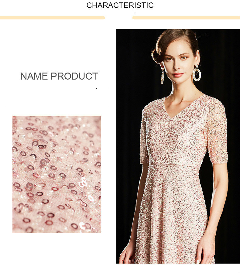 kadinlar abiye pembe yuksek uc pullu boncuk v yaka fermuar kapatma kisa kollu balo abiye sleee robe de soiree uzun elbise rbwedding magazasindan