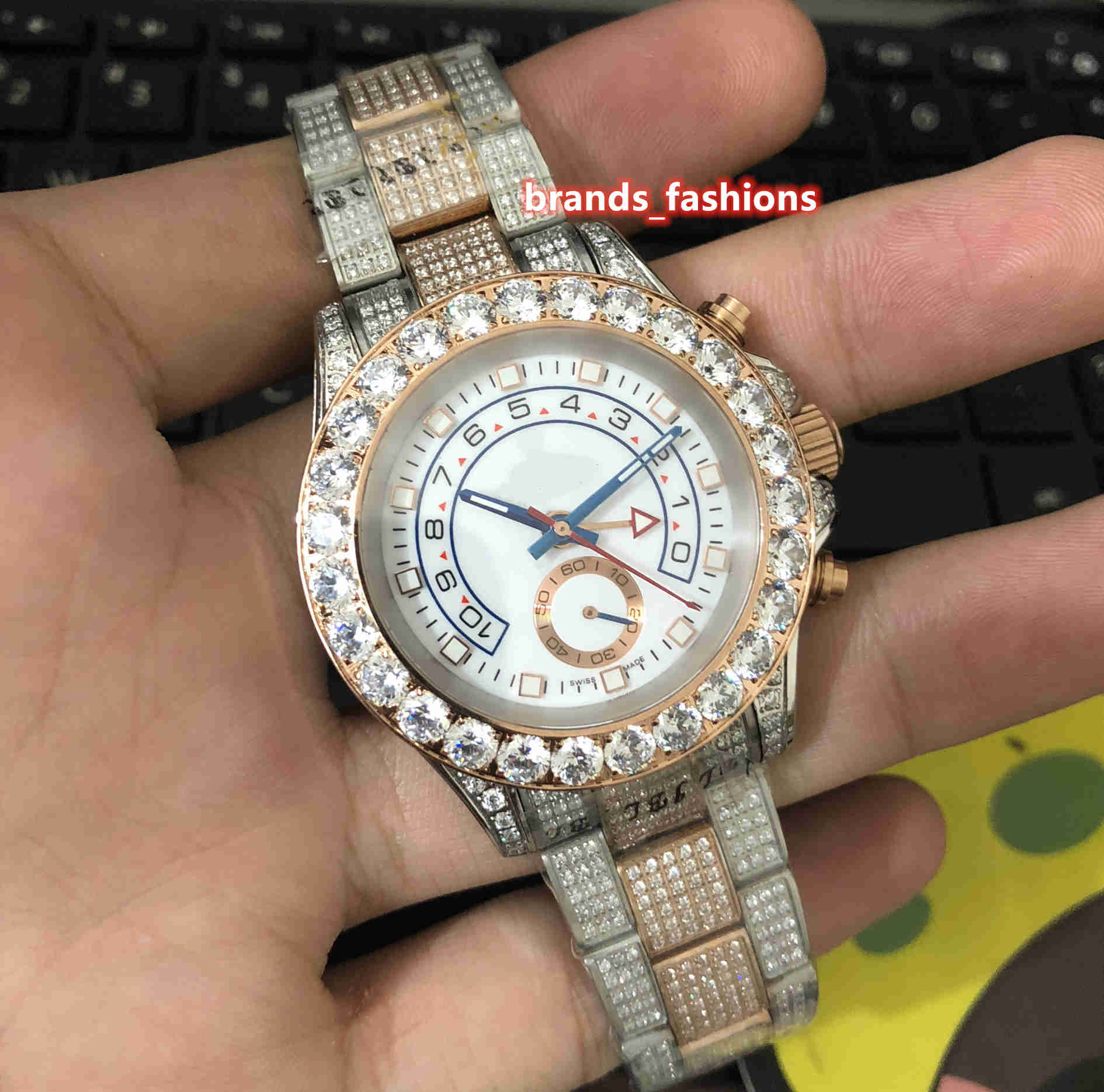

Beautiful Men's Diamond Watches Large Diamond Bezel Stainless Steel Shell Watch Bi-rose Gold Strap Automatic Mechanical Wristwatch, White face