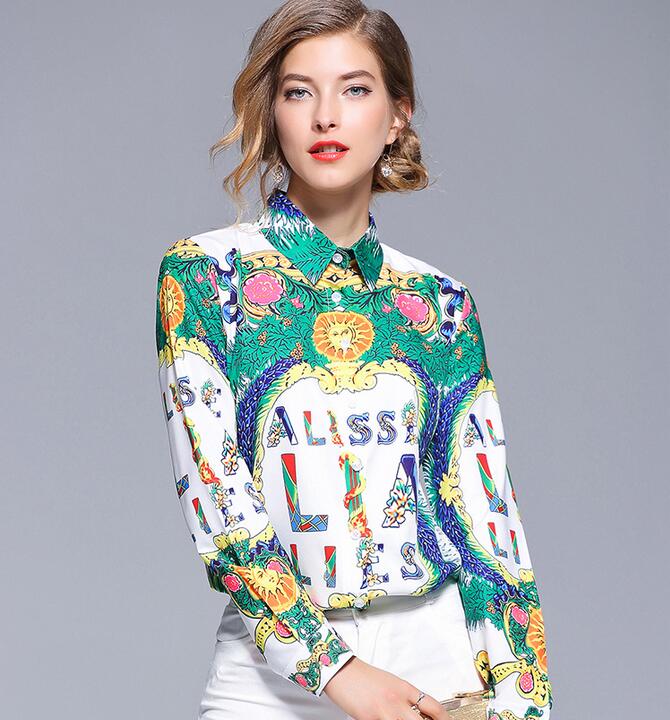 

2019 green Flora letter Contrast color printed women blouses long sleeve lapel neck ladies shirts fashion printed top, Multi