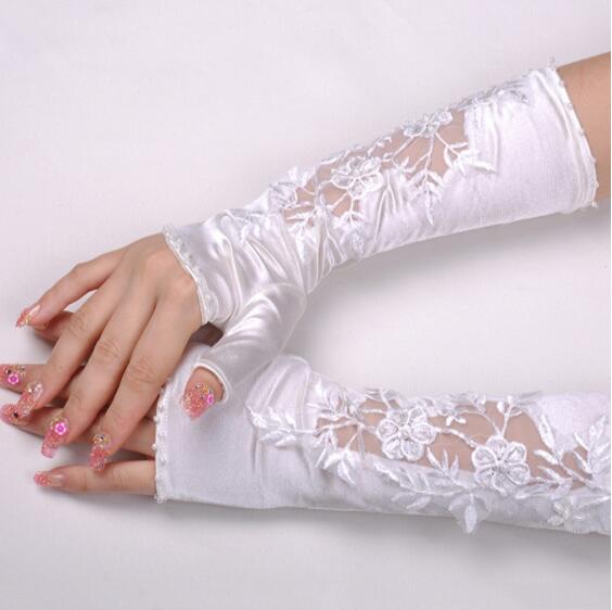 

New Style Bridal Wedding Gloves with Half Finger Satin Hand-Stitched Bead Lace Embroidery Flower Sleeves Bride Hand Glove Accessories, Solid color