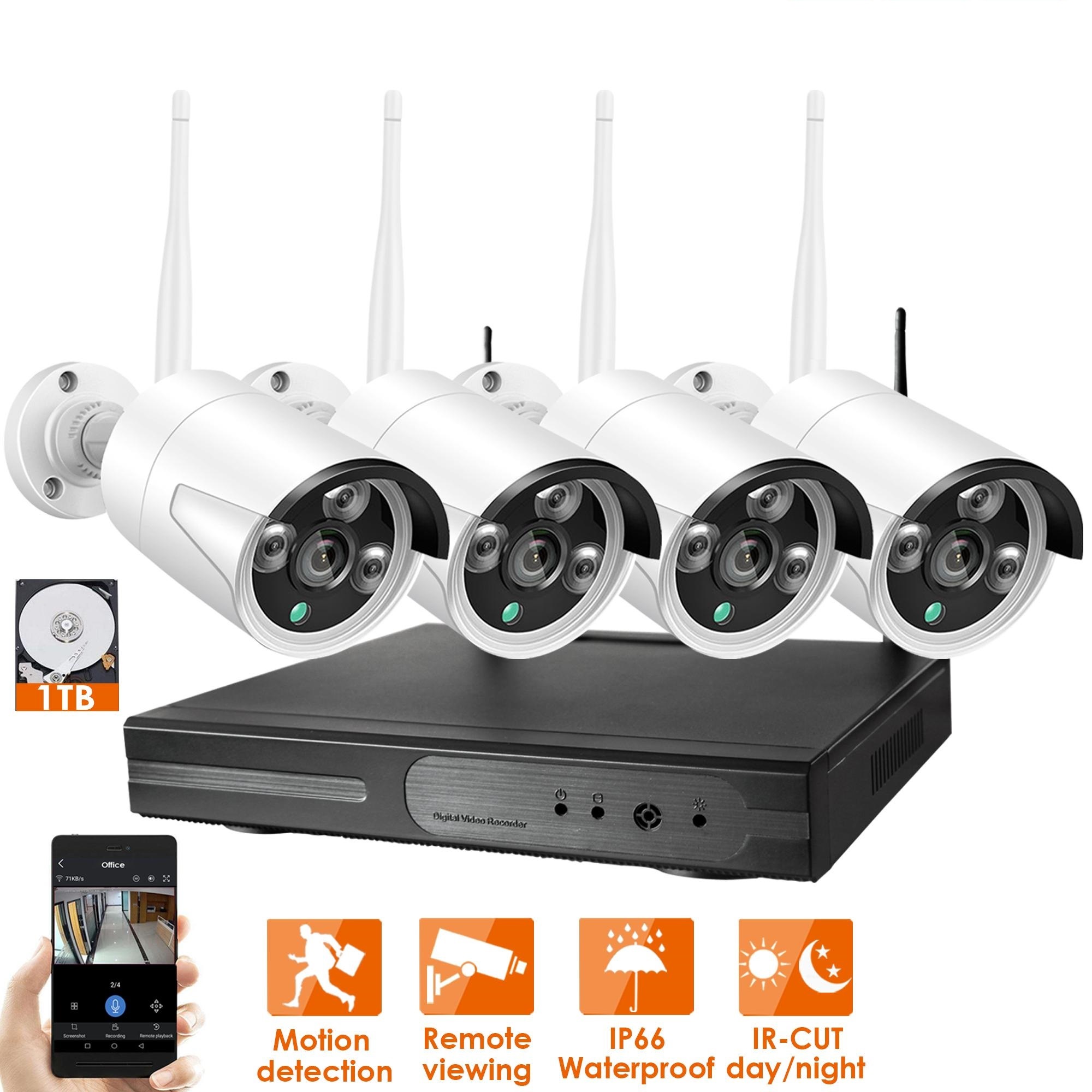 

4CH CCTV System Wireless kits 960P NVR 4PCS 1.3MP IR Outdoor P2P Wifi IP Security Camera Surveillance